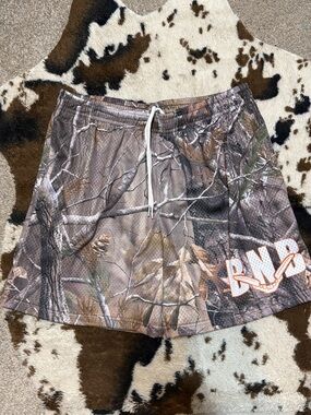 Men's Athletic Drawstring Shorts in Brown Camo with Logo
